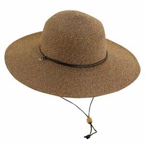 SCALA Women's "CLEO" Fine Braid Raffia Round Crown w/ 4” Brim & Chin Cord, Brown